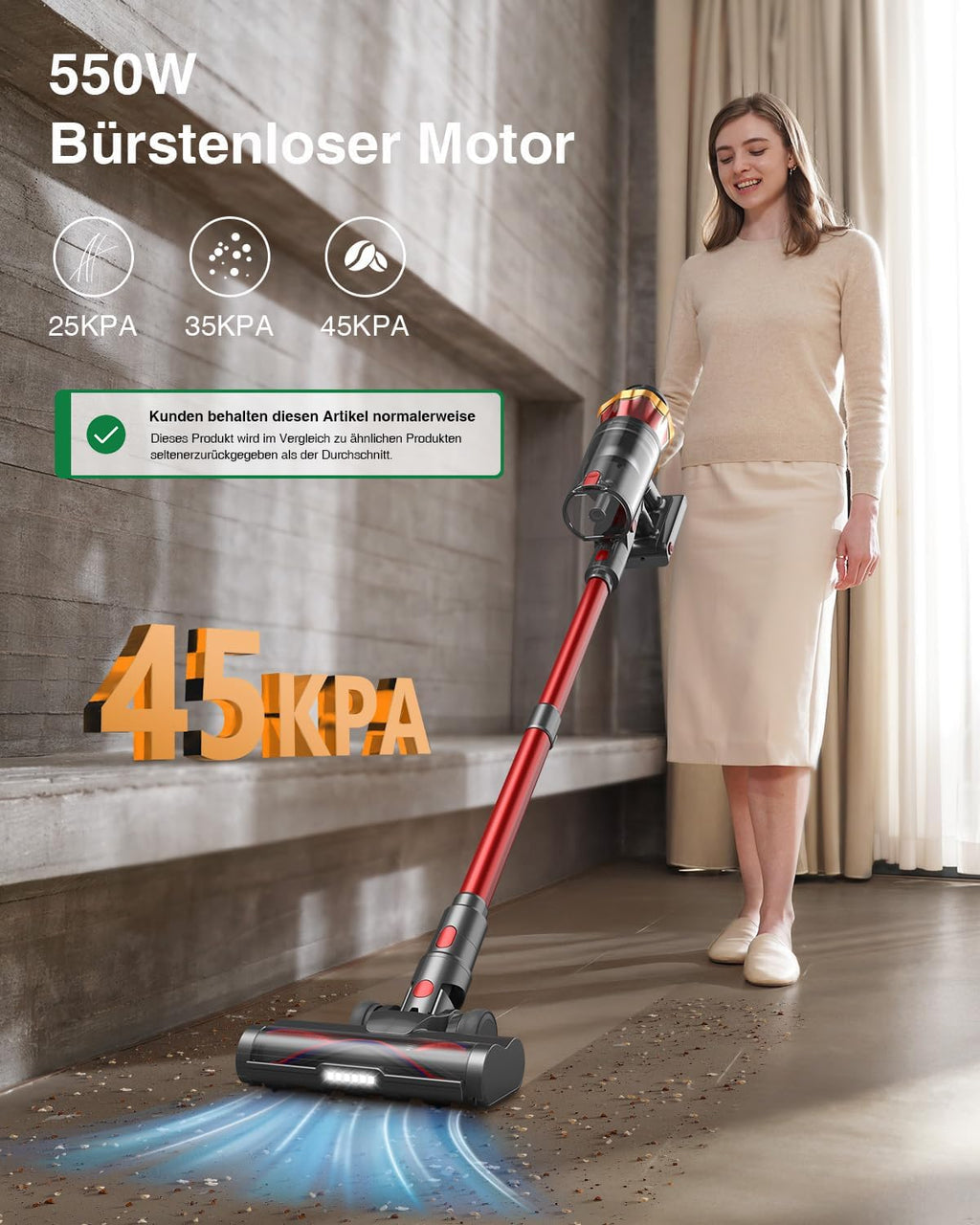 Akku-Staubsauger 45.000 Pa – kabellos, 65 Min, Display, Anti-Haar, 1,6 L, für Tierhaare & Böden